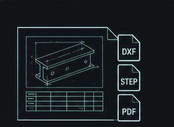 Zeichnungsblatt eines Trägers mit Dateisymbolen DXF, STEP und PDF