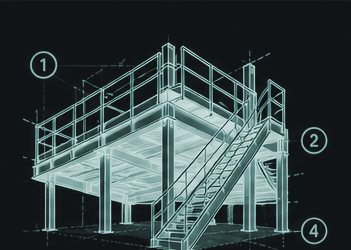 Skizze einer Bühne mit Treppe und nummerierten Montageschritten
